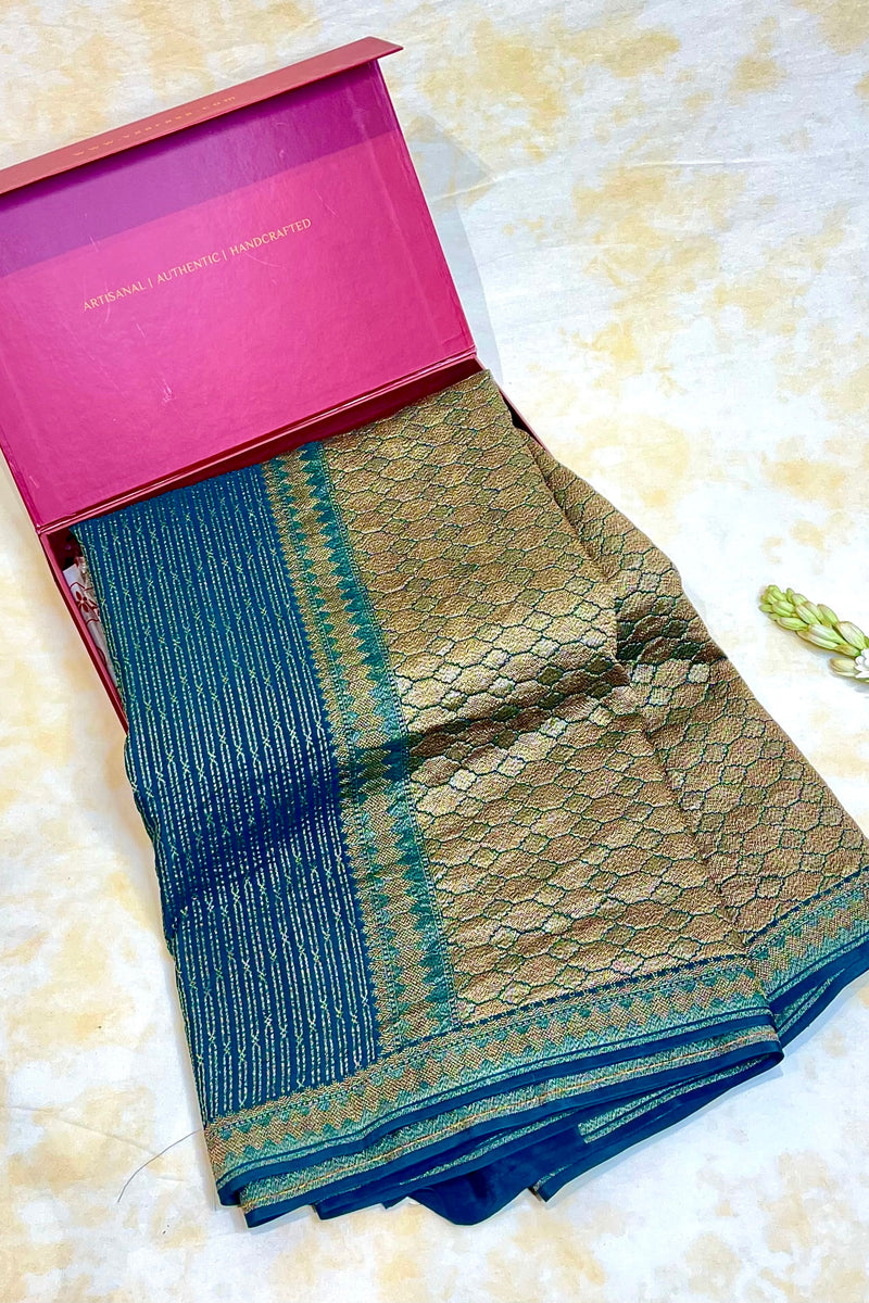 Handloom Fekua Banarasi Khaddi Georgette Silk Saree - Striped - Green