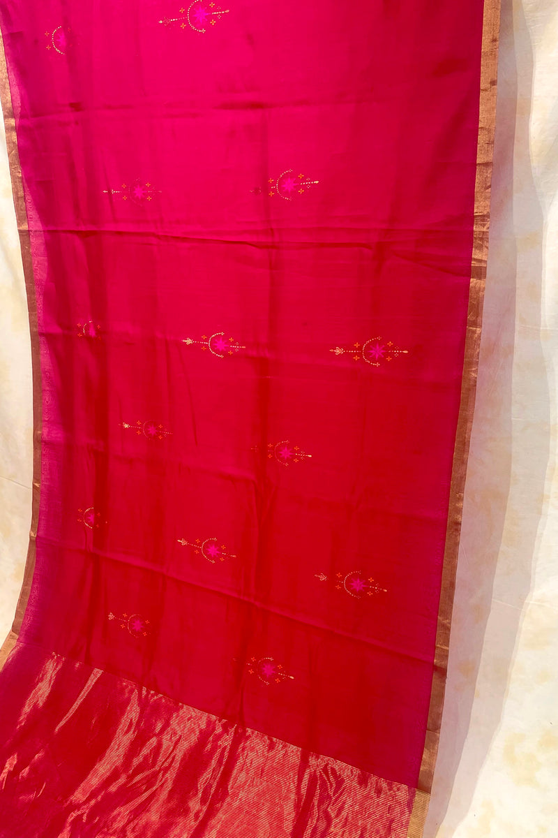 Handloom Silk Cotton Chanderi Saree - Star Motif - Maroon