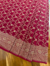 Handloom Fekua Banarasi Crepe Silk Saree -Jaal - Deep Red