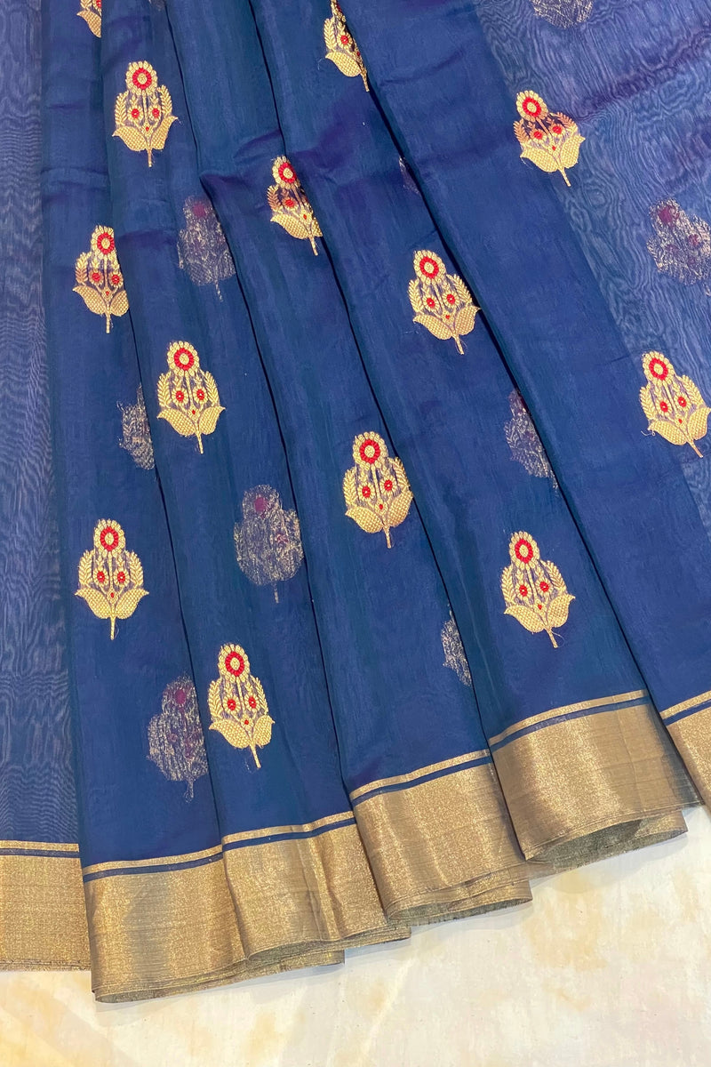 Handloom Silk Cotton Chanderi Saree - Sunflower Buta With Red Mina - Midnight Blue