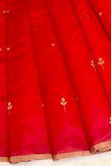 Handloom Silk Chanderi Saree - Mini Round Buta With Red Mina - Red