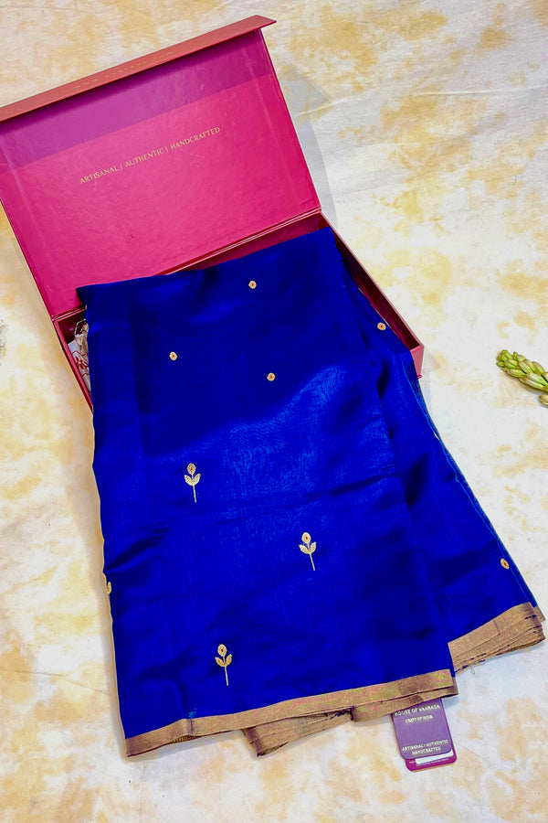 Handloom Silk Chanderi Saree - Mini Round Buta With Red Mina - Dark Blue