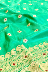 Handlloom Kadhua Banarasi Silk Saree- Big Border - Parrot Green Pink Meena