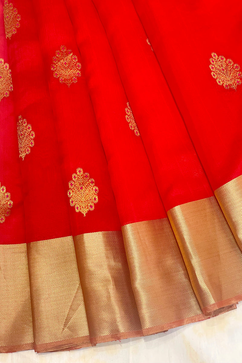 Handloom Silk Chanderi Saree - Fuldani Buta - Red