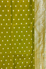 Handlloom Kadhua Banarasi Silk Saree- Big Border - Mehndi Green Silver Buti