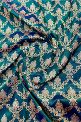 HOV HANDLOOM PURE ZARI BANARASI KATAN SILK SAREE - JAANGLA- PEACOCK GREEN ALL OVER DESIGN-137