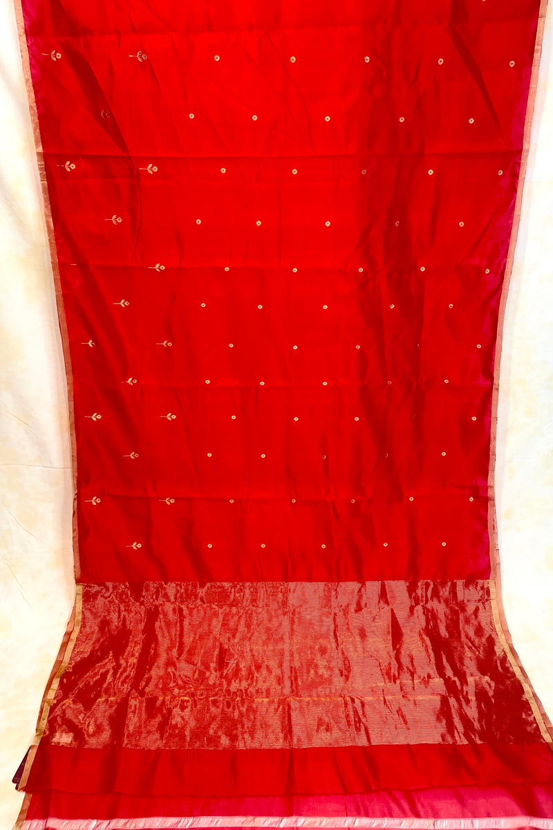 Handloom Silk Chanderi Saree - Mini Round Buta With Red Mina - Red