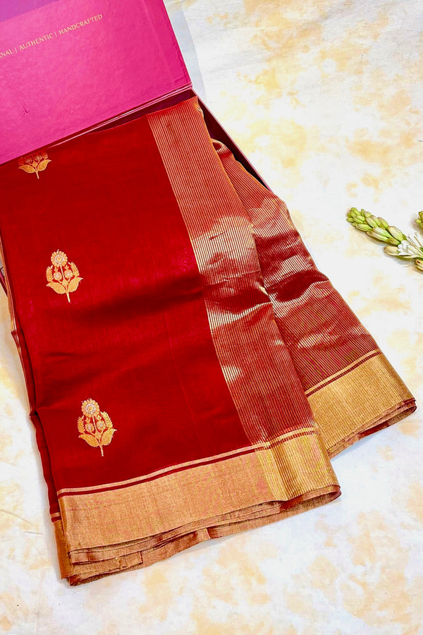 Handloom Silk Cotton Chanderi Saree - Sunflower Buta - Maroon