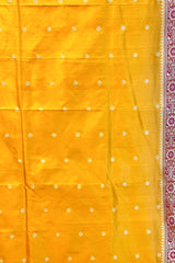 Real Zari Handloom Kadhua Banarasi Shalu Silk Satin Saree - Small Border - Sangita - All Gold Zari - Yellow Red