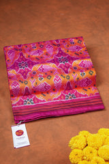 Handloom Ikat Silk Saree - Yellow Pink Flish Motif