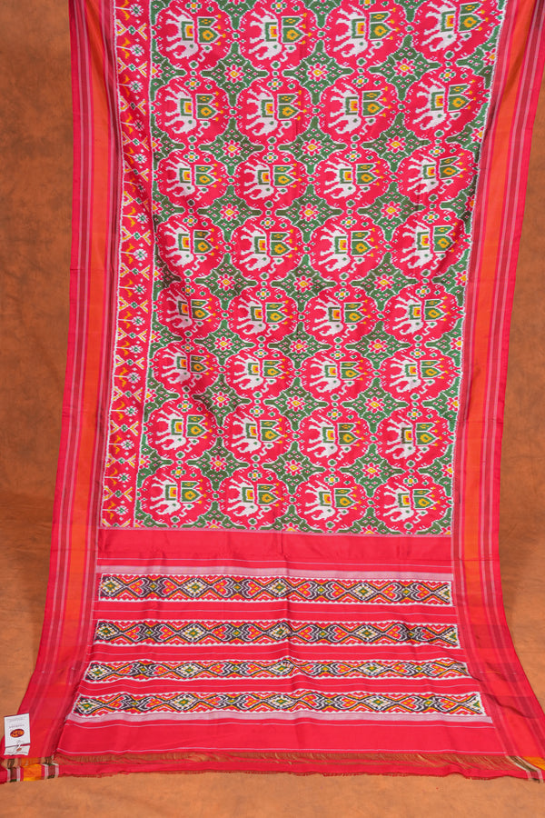 Handloom Double Ikat Twill - Red Green Elephant Motif