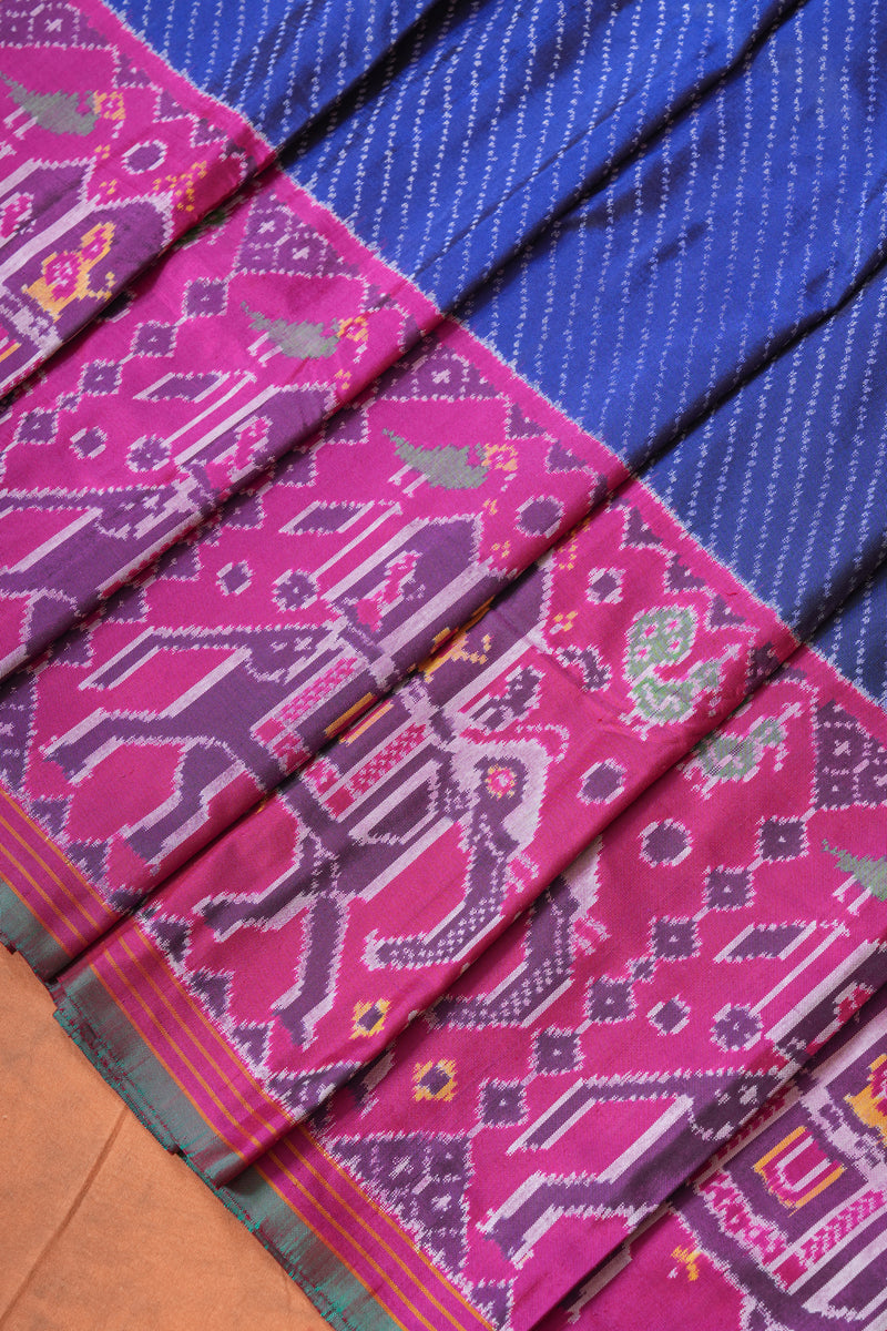 Handloom Twill Double Ikat Silk Saree - Blue Stripes Pink Elephant Border
