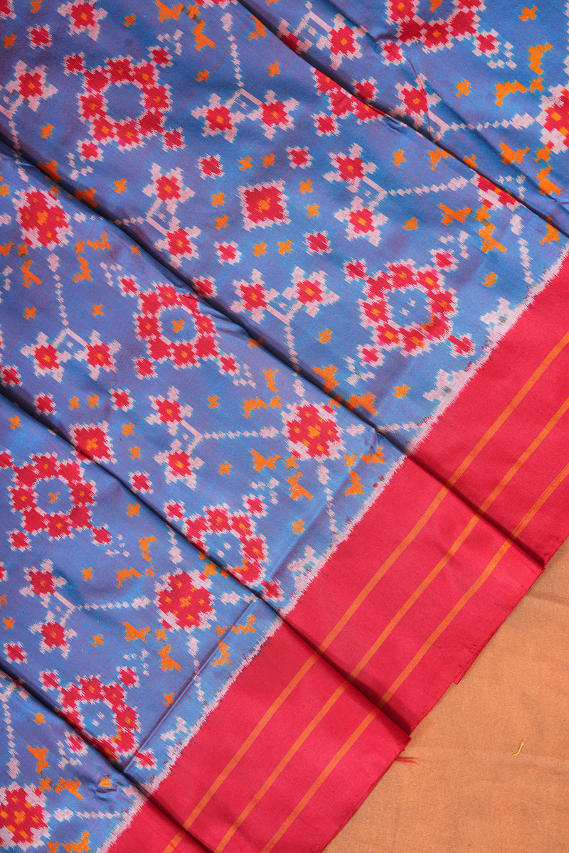 Handloom Ikat Silk Saree - Blue Red Border