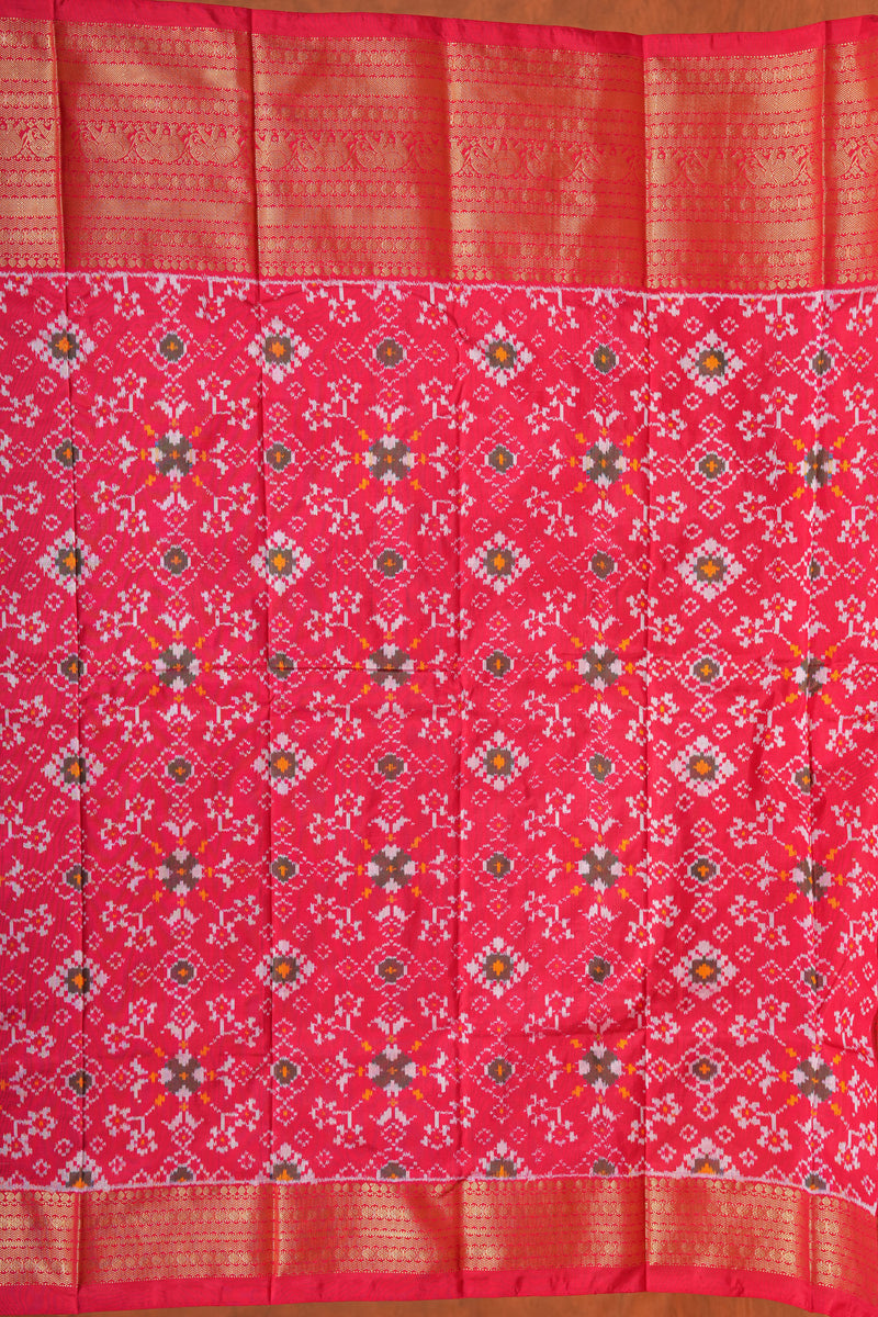 Handloom Ikat Silk Saree - Blue Red Border