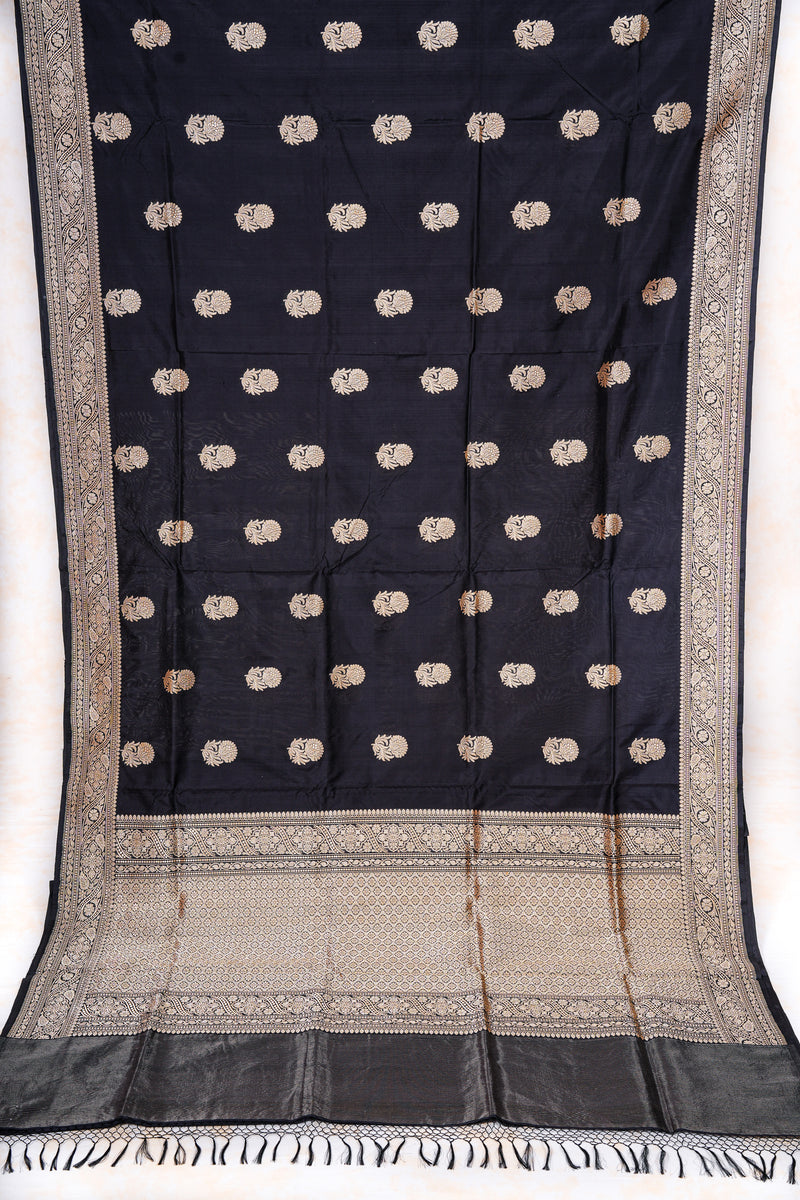 Real Zari Handloom Kadhua Banarasi Katan Silk Saree - Butidar - Black Floral