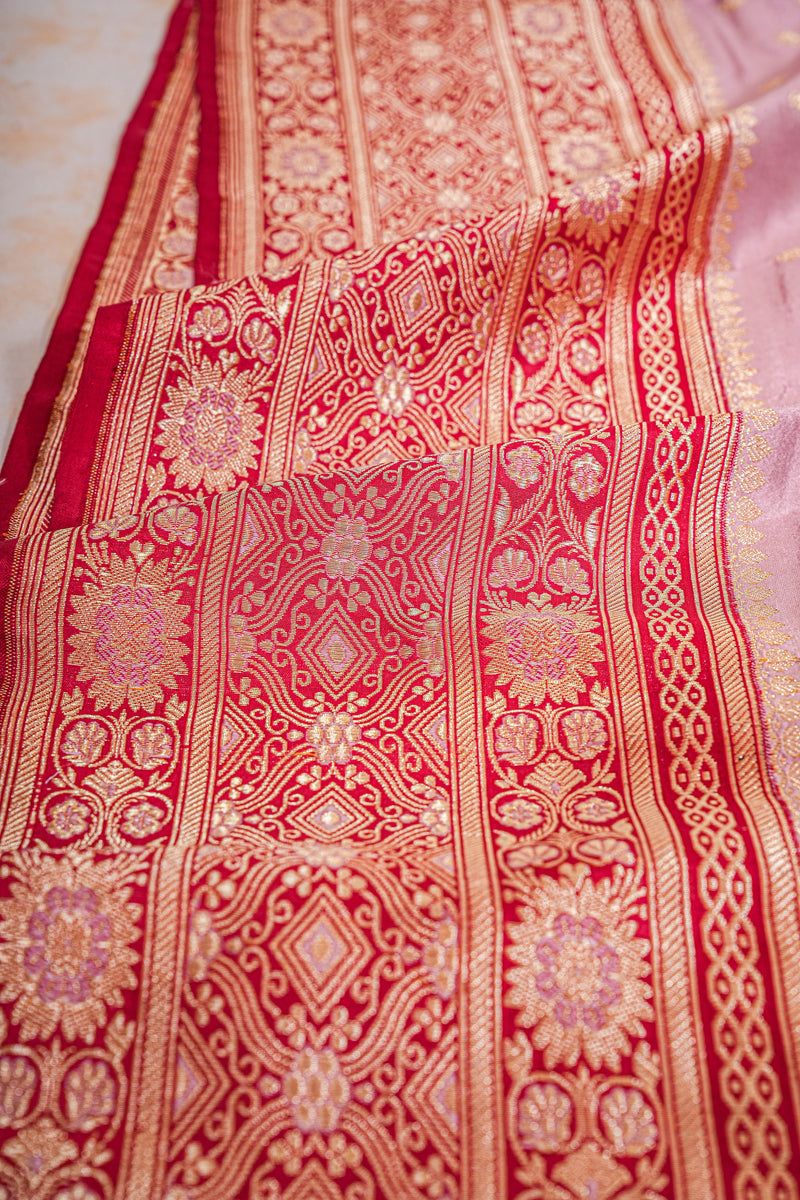 Banarasi Shalu Pastel Pink  Real Zari Saree- Real gold zari