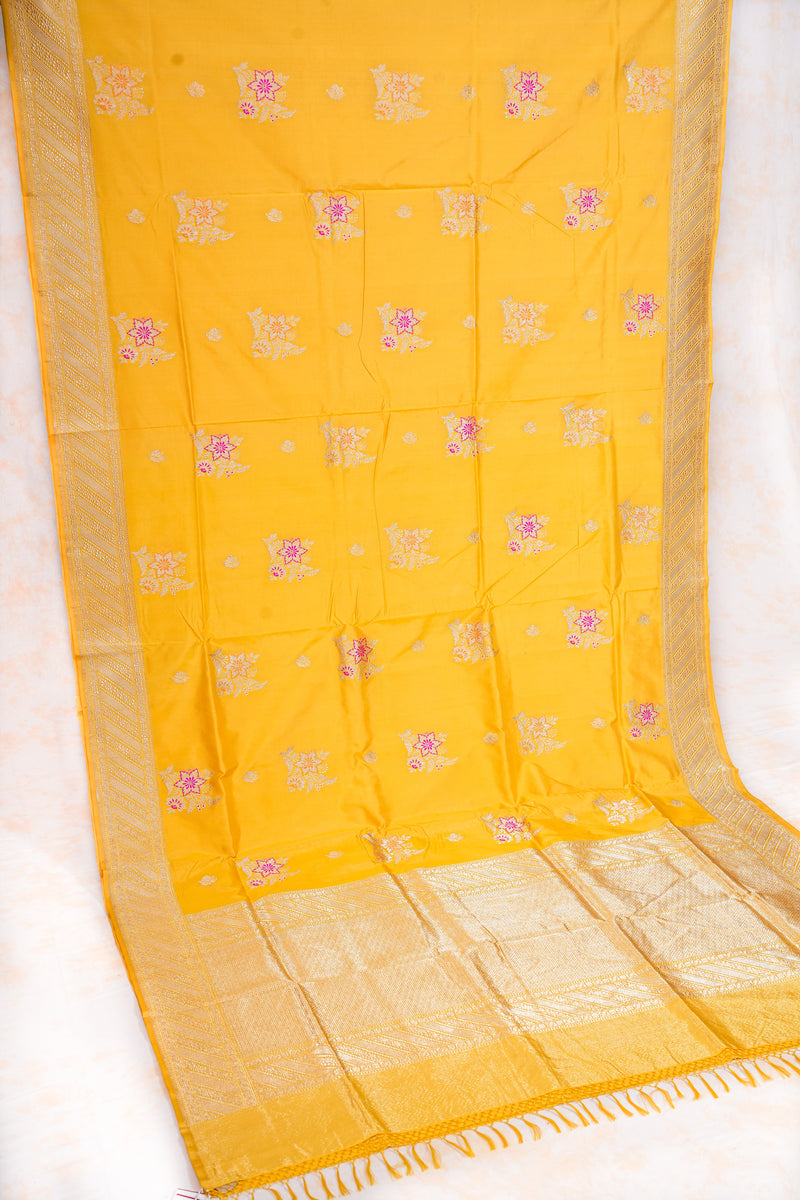 Real Zari Handloom Kadhua Banarasi Katan Silk Saree - Butidar - Yellow Pink Minedar