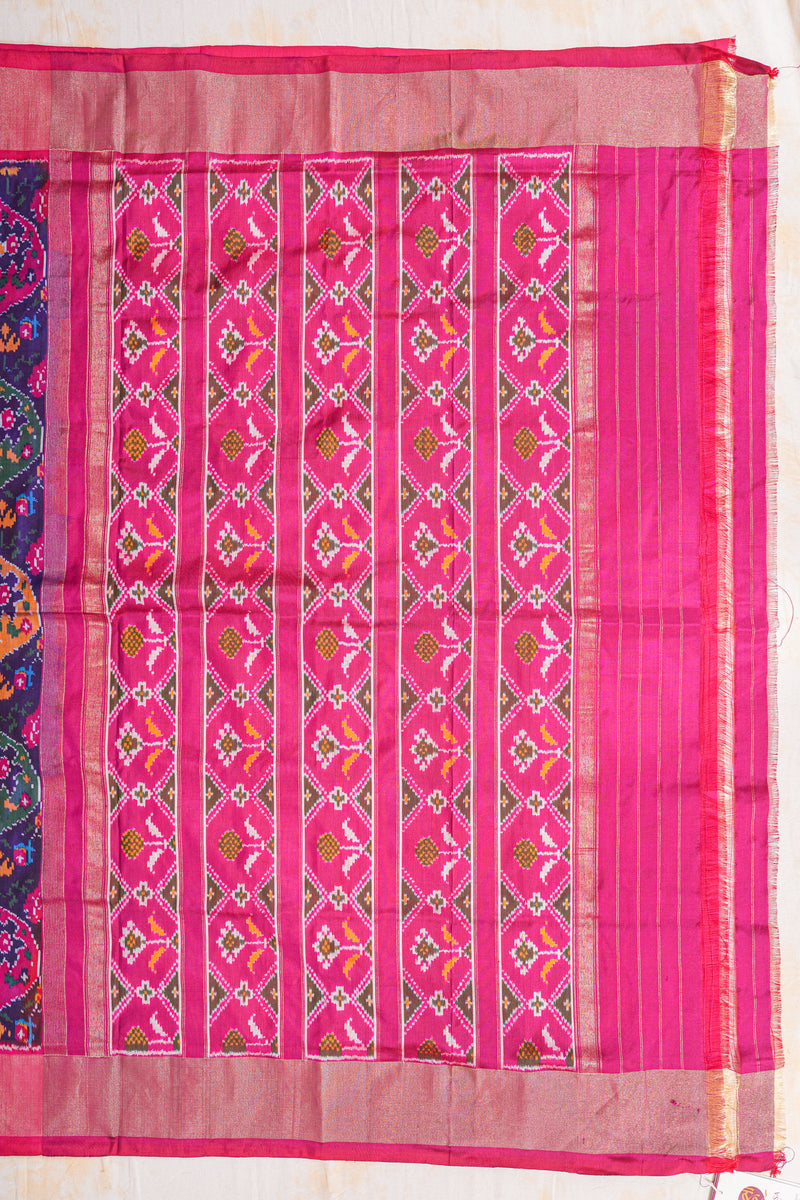 Handloom Ikat Silk Saree - Navy Blue Fuldani Motif Pink Pallu