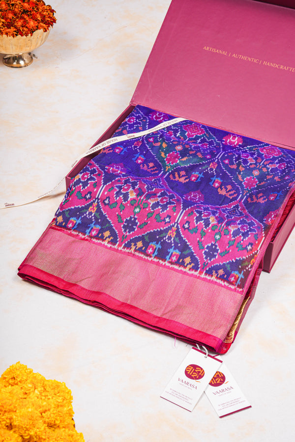 Handloom Ikat Silk Saree - Navy Blue Fuldani Motif Pink Pallu