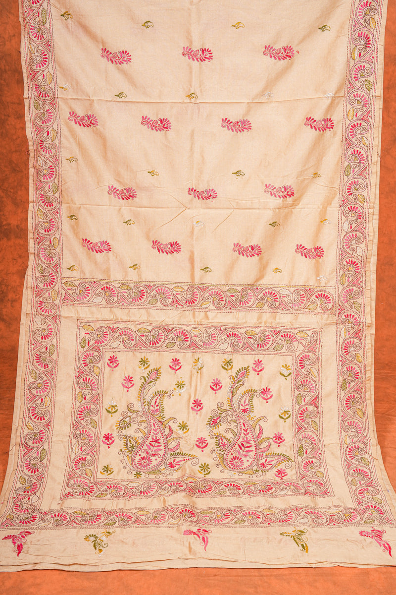Handembroidered Kantha Silk Saree - Beige