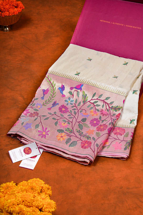 Handloom Paithani Silk Saree - Off White Floral All Over