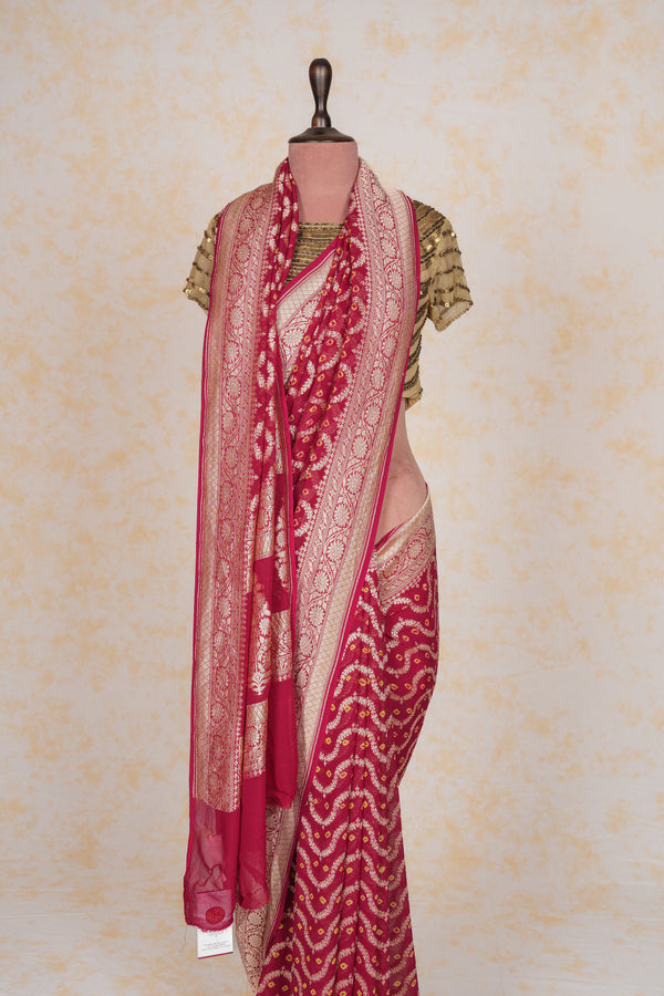 Handloom Georgette Banarasi Silk Saree - Jaal - Red Bandhani