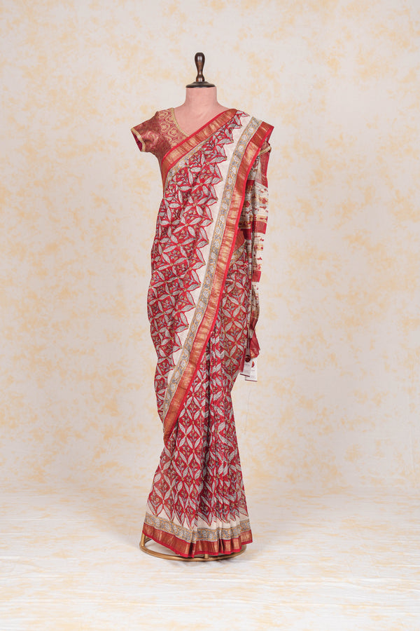 Cotton Hand Block Print Saree With Zari Border - Red White