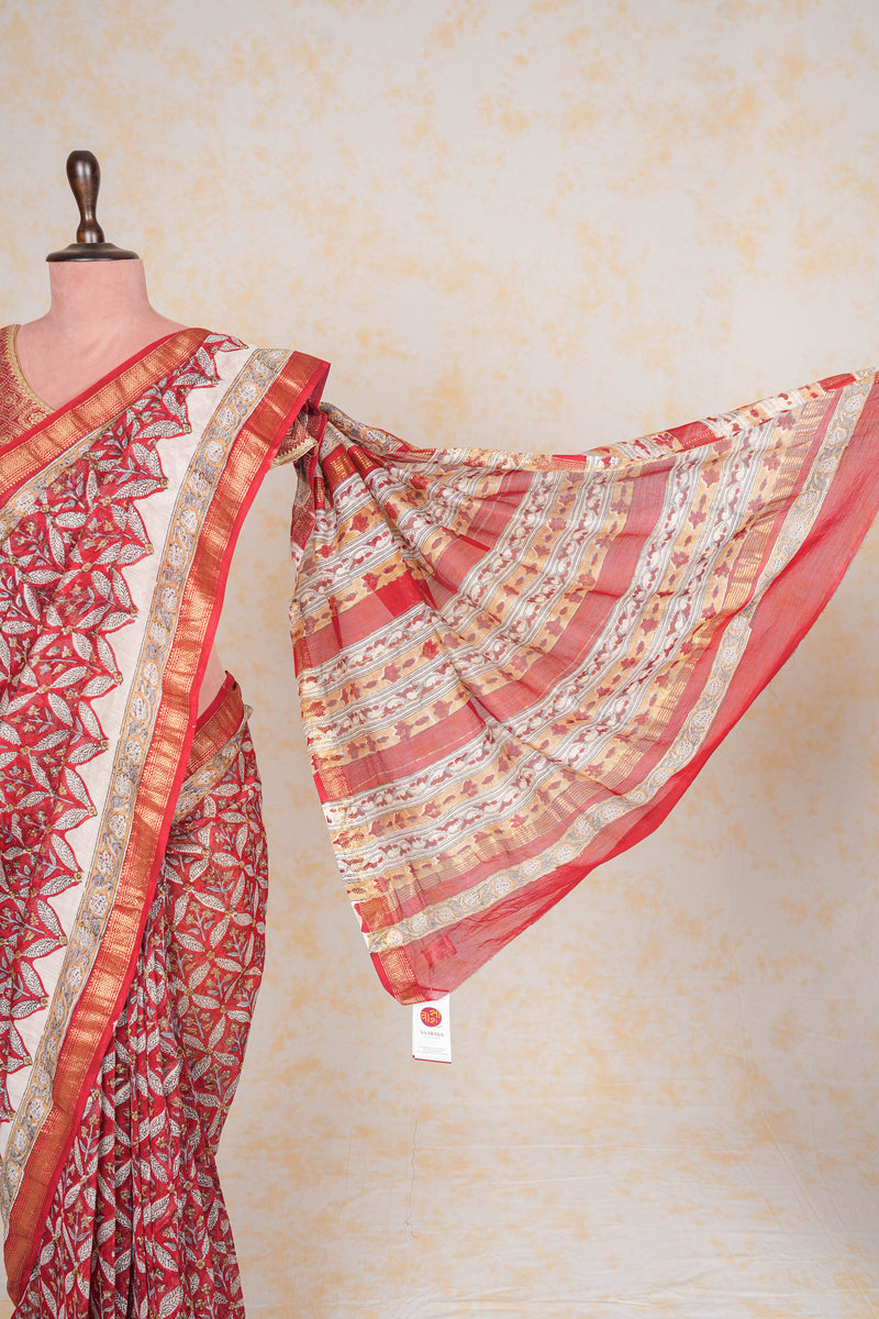 Cotton Hand Block Print Saree With Zari Border - Red White