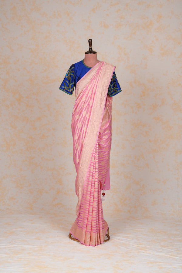 Handloom Georgette Banarasi Silk Saree - Striped - Pink