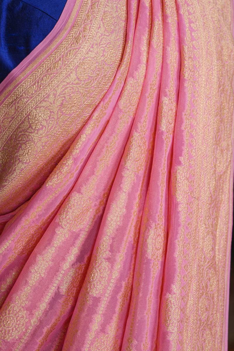 Handloom Georgette Banarasi Silk Saree - Striped - Pink