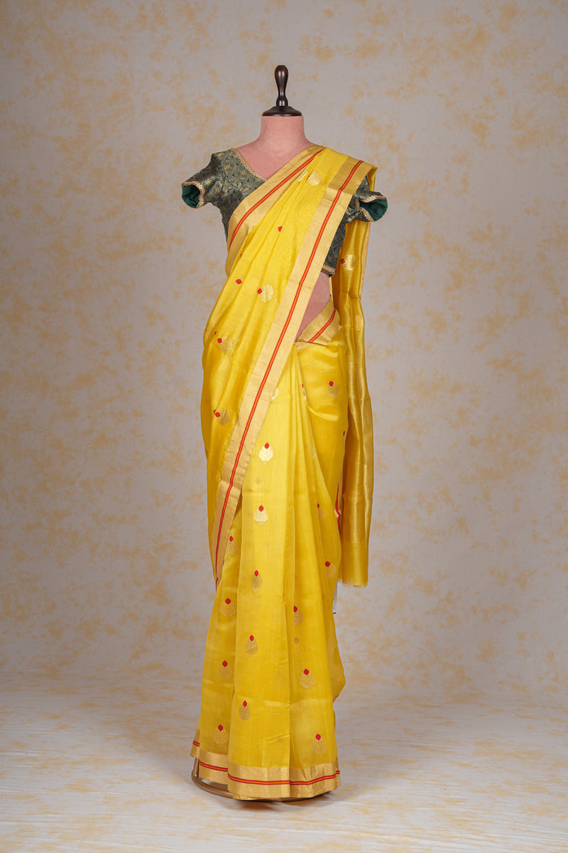 Handloom Cotton Silk Chanderi Saree Musterd Yellow Gold Red Buta