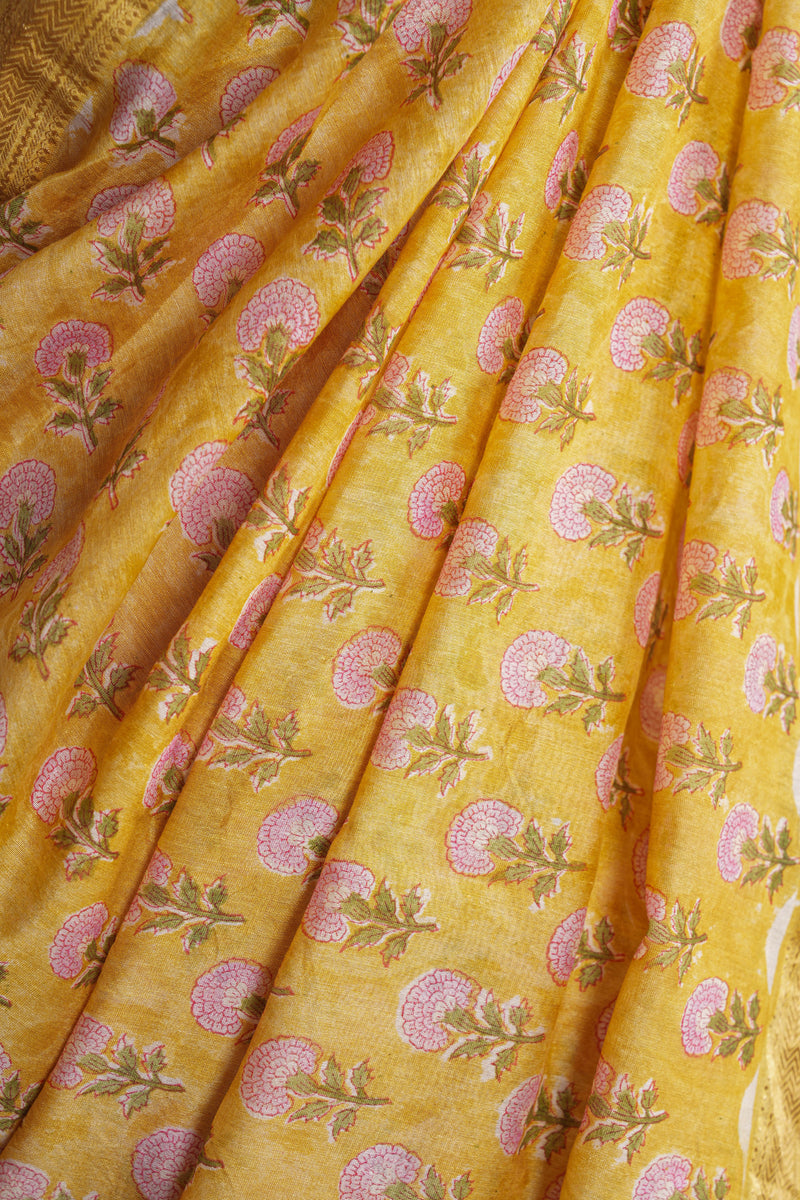 Cotton Hand Block Print Saree With Zari Border- Yellow