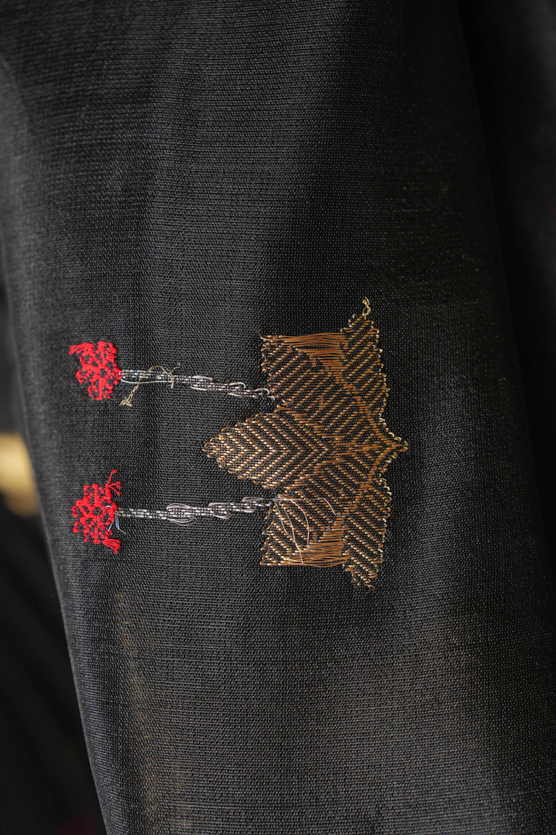 Handloom Cotton Silk Chanderi Saree Black Gold Floral Buta