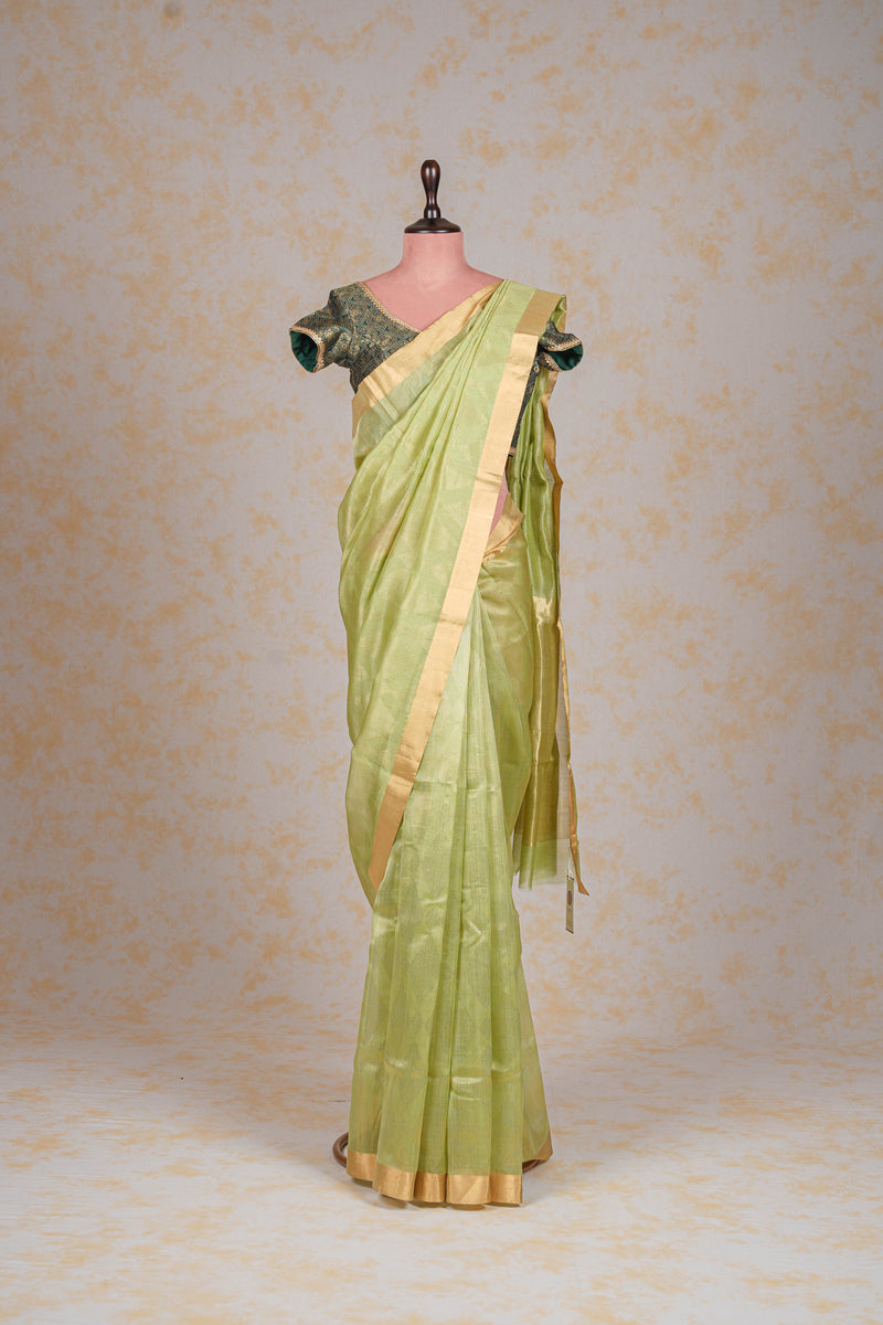 Handloom Cotton Silk Chanderi Saree Green Striped Buta