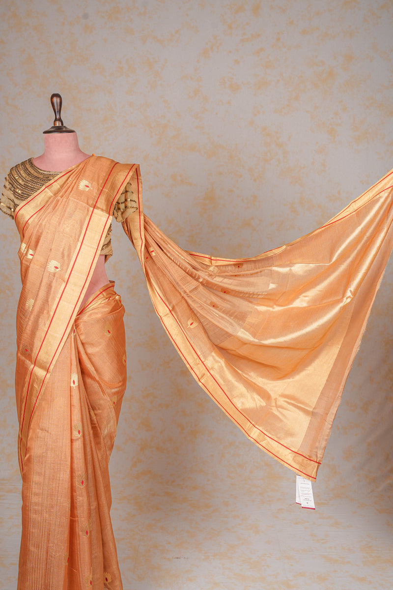 Handloom Chanderi Silk Saree Antique Gold Red Floral Buta