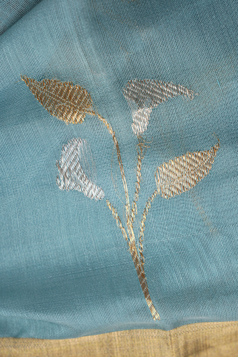 Handloom Cotton Silk Chanderi Saree Powder Blue Gold Buta