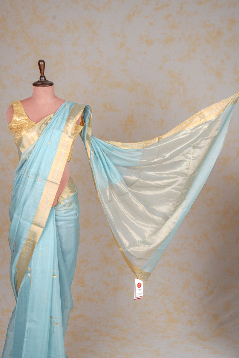 Handloom Cotton Silk Chanderi Saree Powder Blue Gold Buta