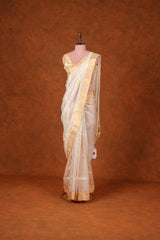 Handloom Cotton Silk Chanderi Saree Off White Striped Floral Buta