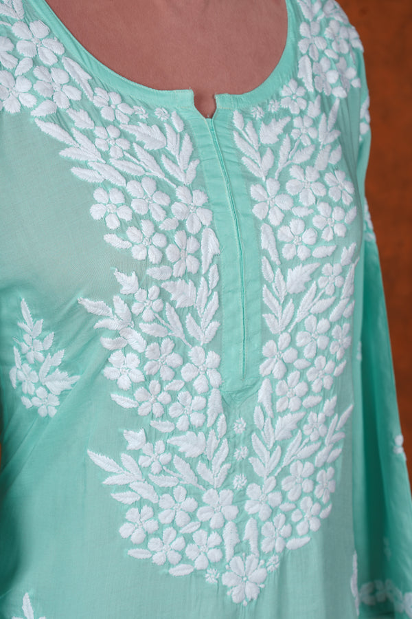 Chikankari Fine Modal Cotton Kurta  - Mint Green