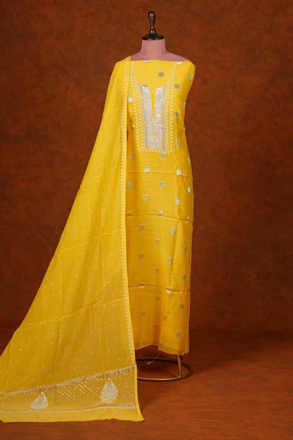 Chikankari Pure Chanderi Embroidered Suits Set Plain - Yellow