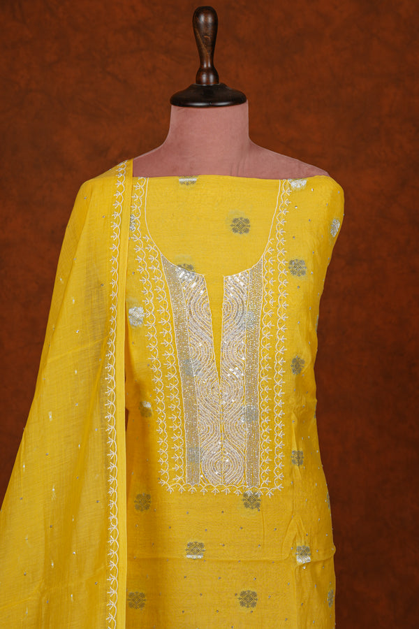 Chikankari Pure Chanderi Embroidered Suits Set Plain - Yellow