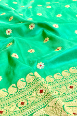 Handlloom Kadhua Banarasi Silk Saree- Big Border - Parrot Green Pink Meena