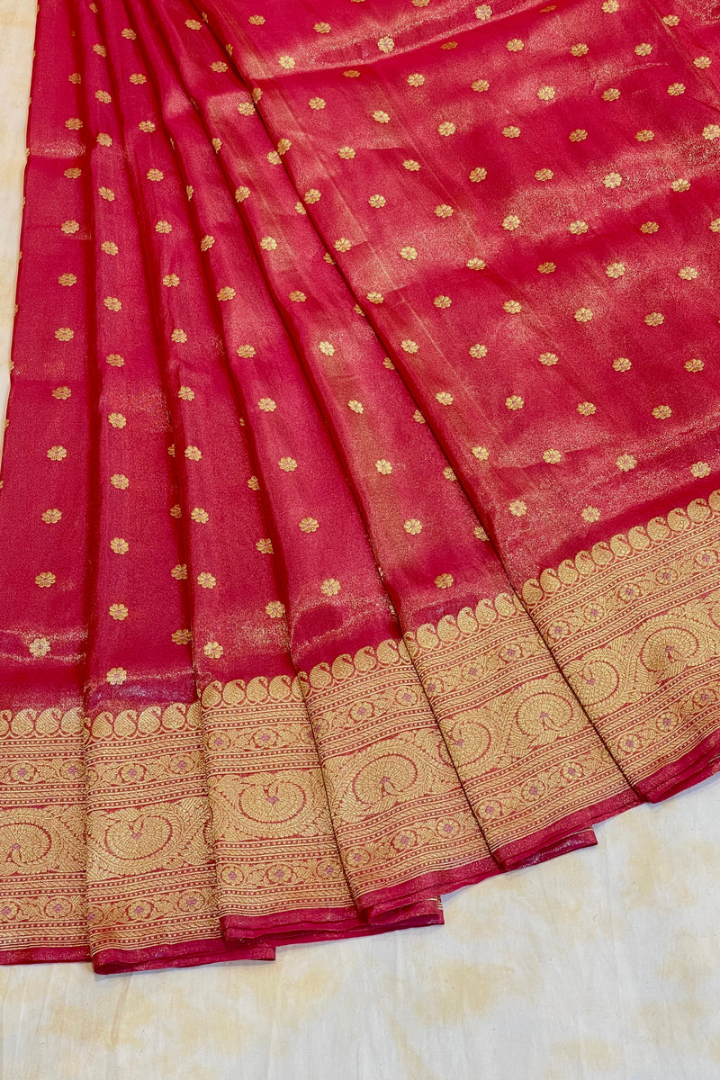 Handlloom Kadhua Banarasi Tissue Silk Saree- Big Border - Red