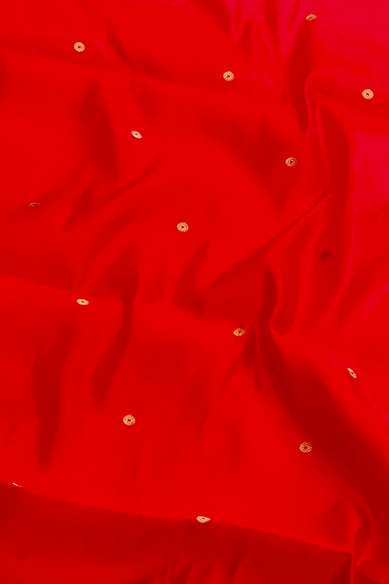 Handloom Silk Chanderi Saree - Mini Round Buta With Red Mina - Red