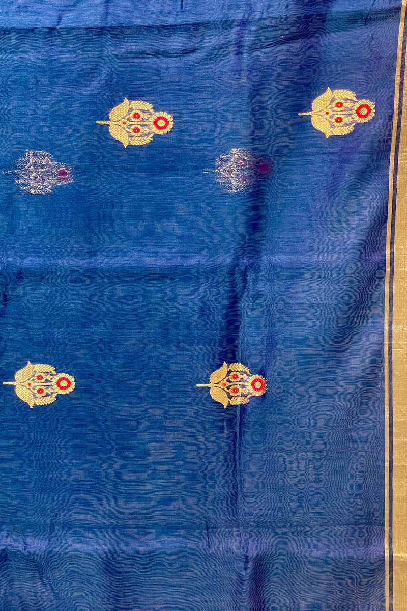 Handloom Silk Cotton Chanderi Saree - Sunflower Buta With Red Mina - Midnight Blue