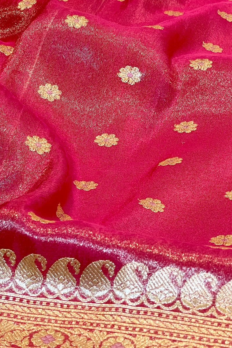 Handlloom Kadhua Banarasi Tissue Silk Saree- Big Border - Red