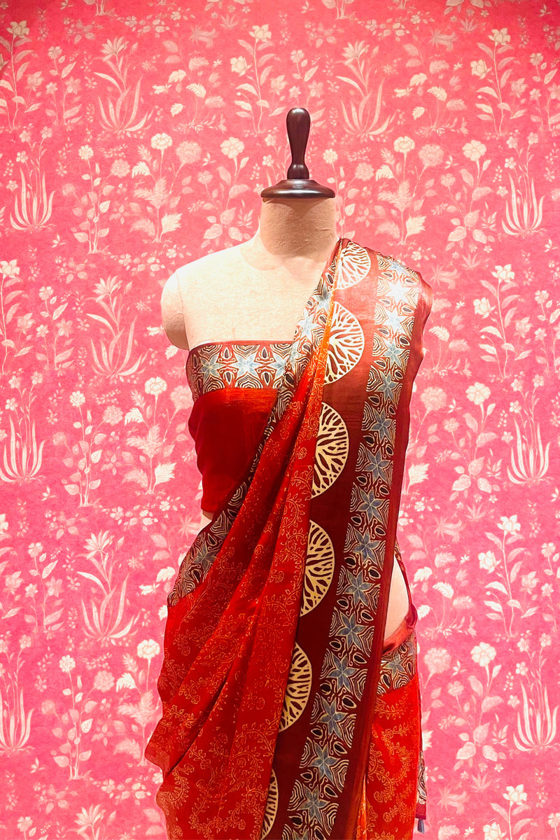 Ajrakh Modal Silk Saree With Zari Pallu - Terracotta Red