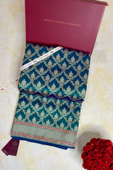 HOV HANDLOOM PURE ZARI BANARASI KATAN SILK SAREE - JAANGLA- PEACOCK GREEN ALL OVER DESIGN-137