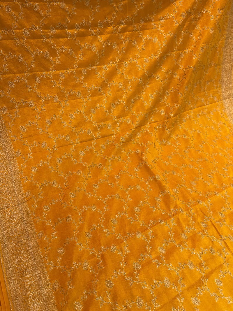 Handloom Fekua Banarasi Crepe Silk Saree - Jaal - Yellow