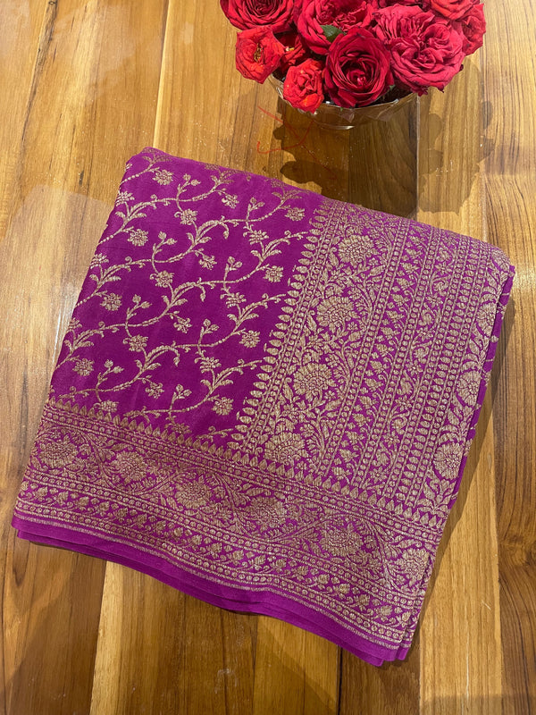 Handloom Fekua Banarasi Crepe Silk Saree - Jaal - Purple